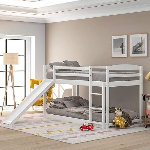 Miniatura 100 de Litera baja individual sobre individual, base de cama de madera maciza con escalera y barandillas de seguridad, literas individuales para niños y