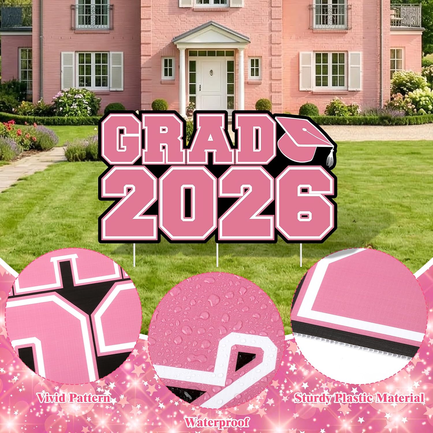 Grad 2026 Graduation Yard Sign with Stakes Large Black Pink Corrugated Plastic Outdoor Lawn Garden Decor Graduation Photo Booth Backdrop for High School College Graduate Outdoor Supplies 32’’ x 18’’