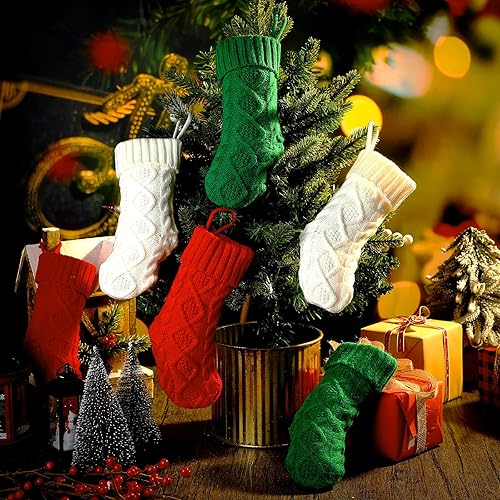 Miniatura 6 de Hungdao 12 Piezas Medias de Navidad Mini Medias de Navidad Tejidas al Mayor 8.3 Pulgadas Calcetines Rústicos de Doble Cara para Colgar en Chimenea