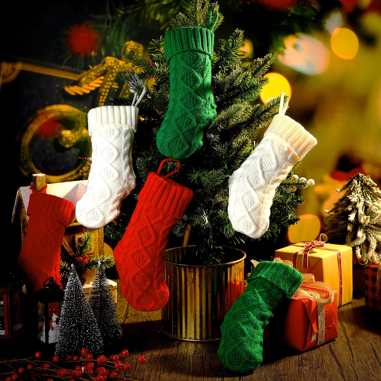 Weihnachtsstrümpfe Gestrickte Weihnachtsstrümpfe 8,3 Zoll Vintage Weihnachtsstrümpfe Rustikale Strümpfe Doppelseitige Kamin Hängende Strümpfe für Familie Weihnachtsdekoration (24, Rot, Grün, Weiß)