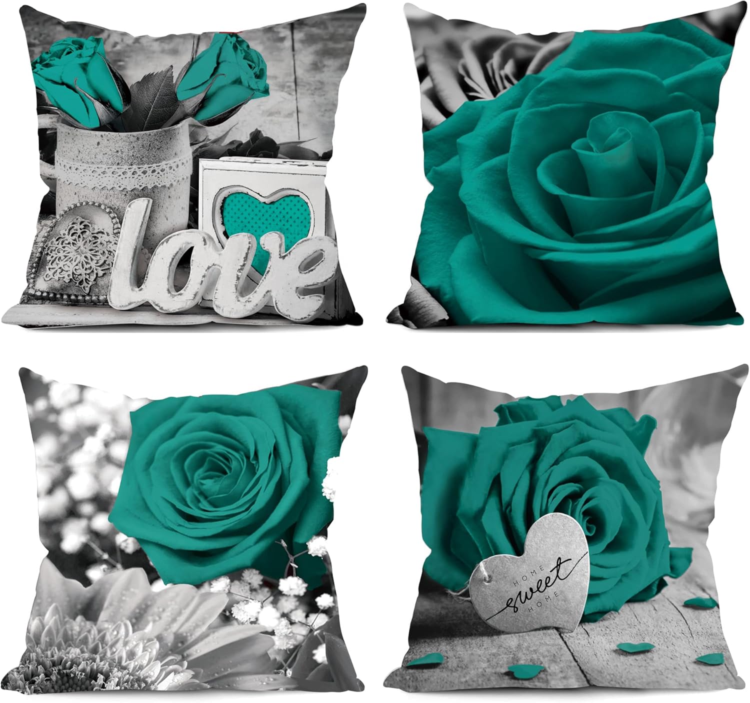 Teal Throw Pillow Covers 18x18 Set of 4 Floral Turquoise Pillows Decorative Couch Pillow Covers Living Room Sofa Bed Outdoor Pillows Summer Linen Rose White Black Gray Pillowcases Farmhouse