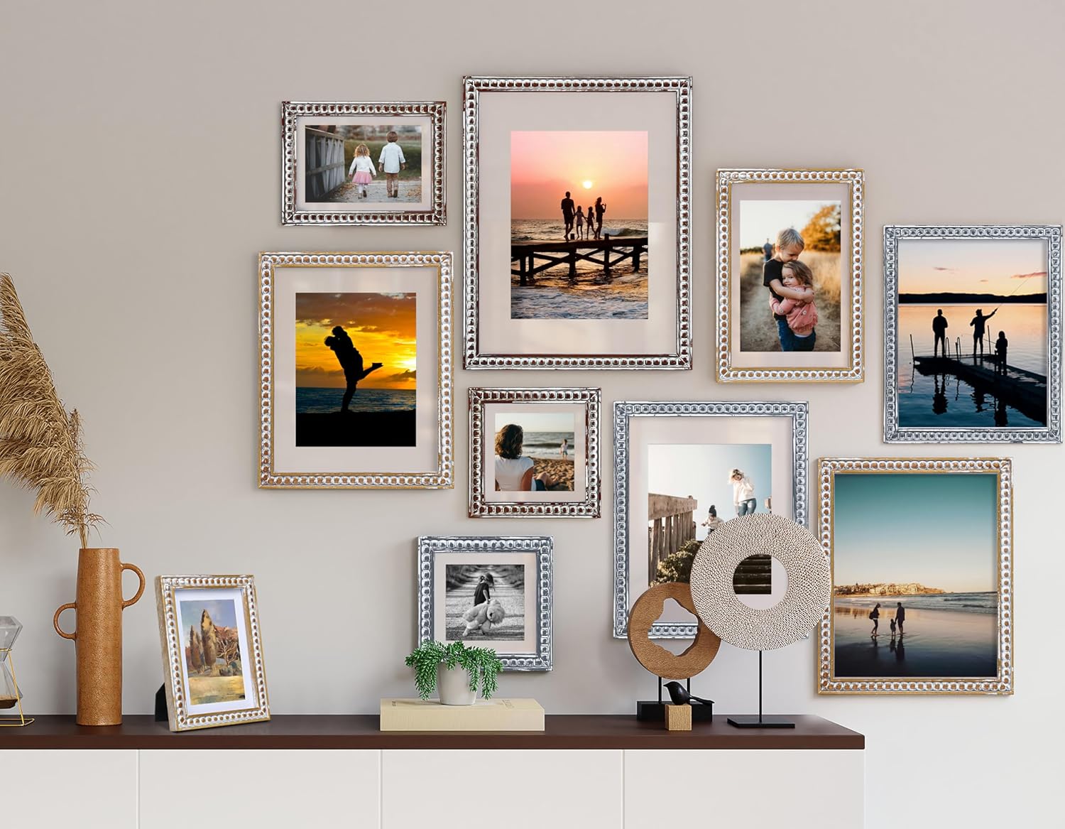 11x14 Rustic Picture Frame with Mat for 8x10, Farmhouse Boho Deco Distressed Beaded Wooden Real Glass, Vertical or Horizontal Display Photo Gallery Wall & Tabletop Frame, Natural