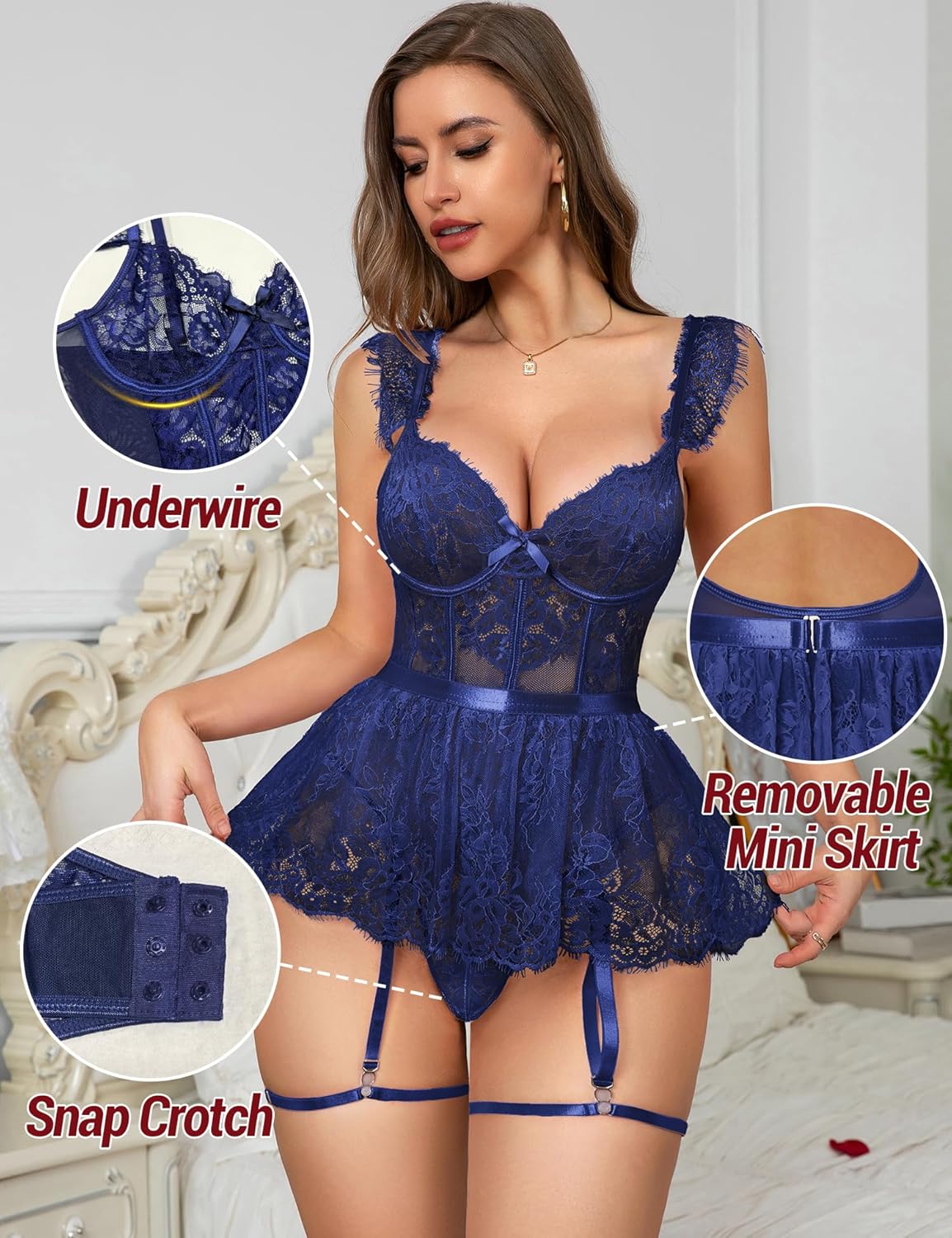 Lingerie for Curvy Women Lace Bodysuit Underwire Teddy Chemise Mesh Babydoll Lingerie with Garter(Navy Blue,XXL) - Image 2