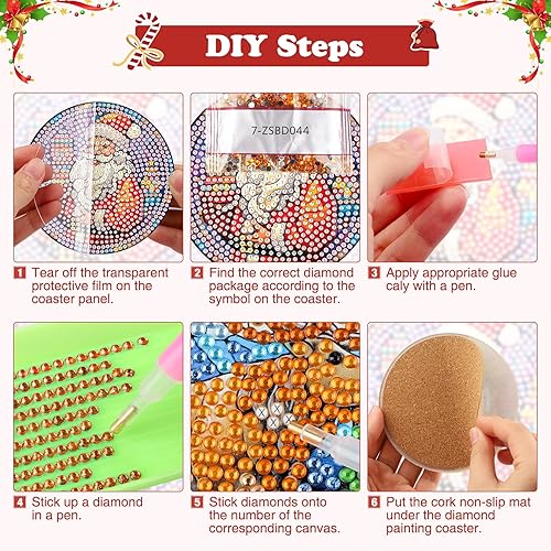 Miniatura 5 de Juego de 6 posavasos de pintura de diamantes de Papá Noel para bebidas con soporte, juegos de posavasos de arte de diamantes de Papá Noel para