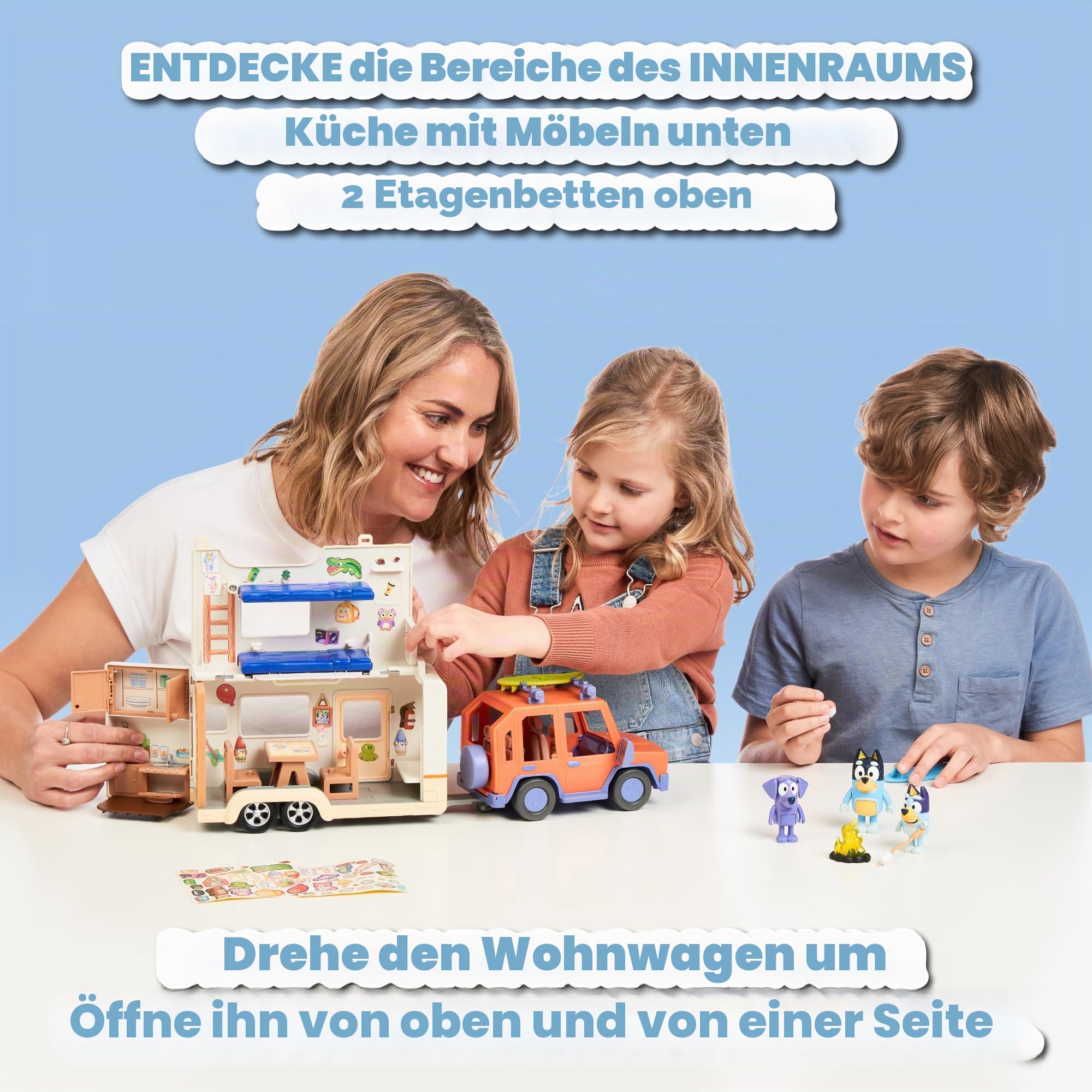 Bluey - Set Family Cruiser + Campervan, Playset für Familienautos, mit 3 Figuren, 10 Accessoires und dekorativen Aufklebern, 3 Jahre berühmt (BLY53000)