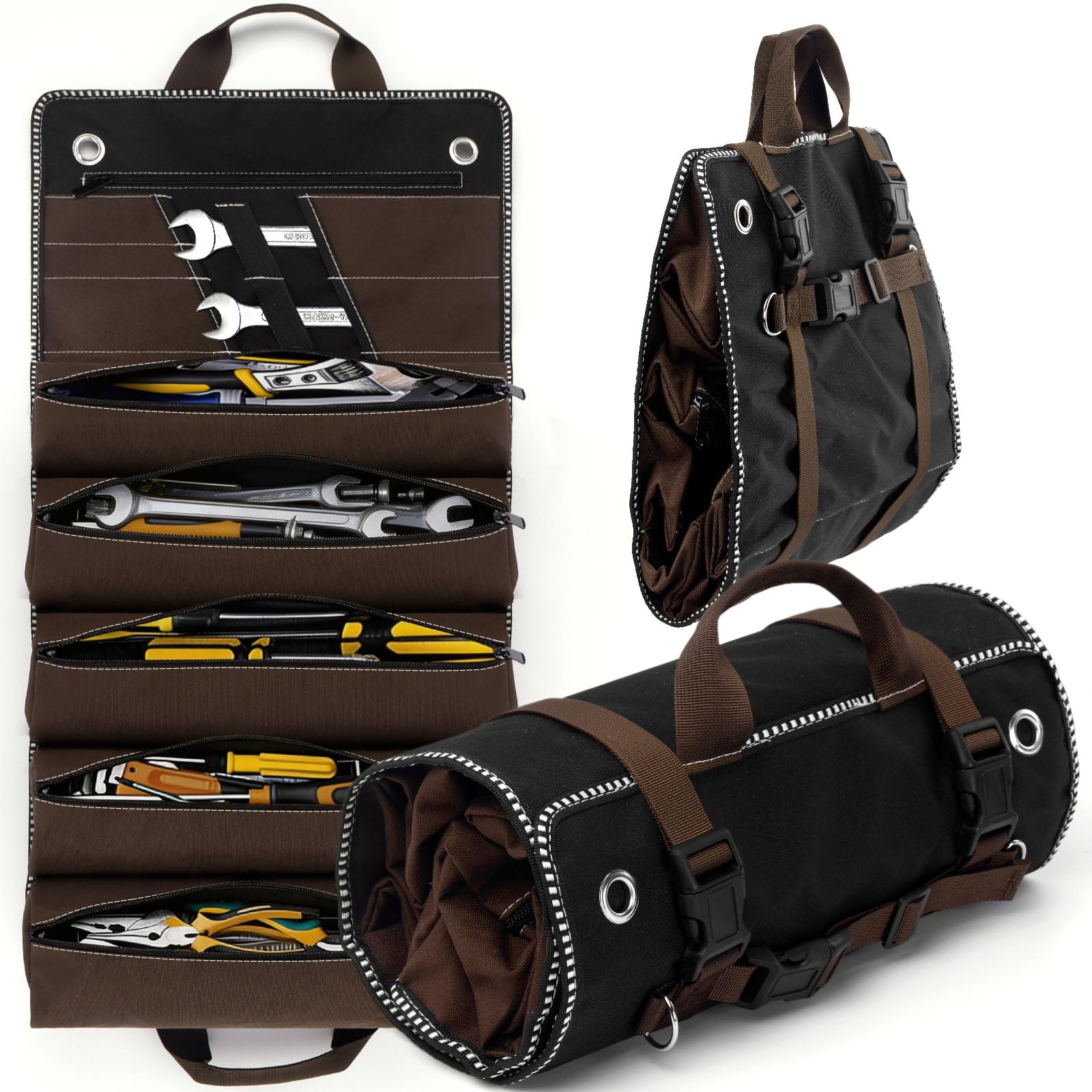 THMINS Large Heavy-Duty Waxed Canvas Tool Roll Bag, 15-Pocket Roll Up Tool Wrap Organizer for Wrenches and Pliers