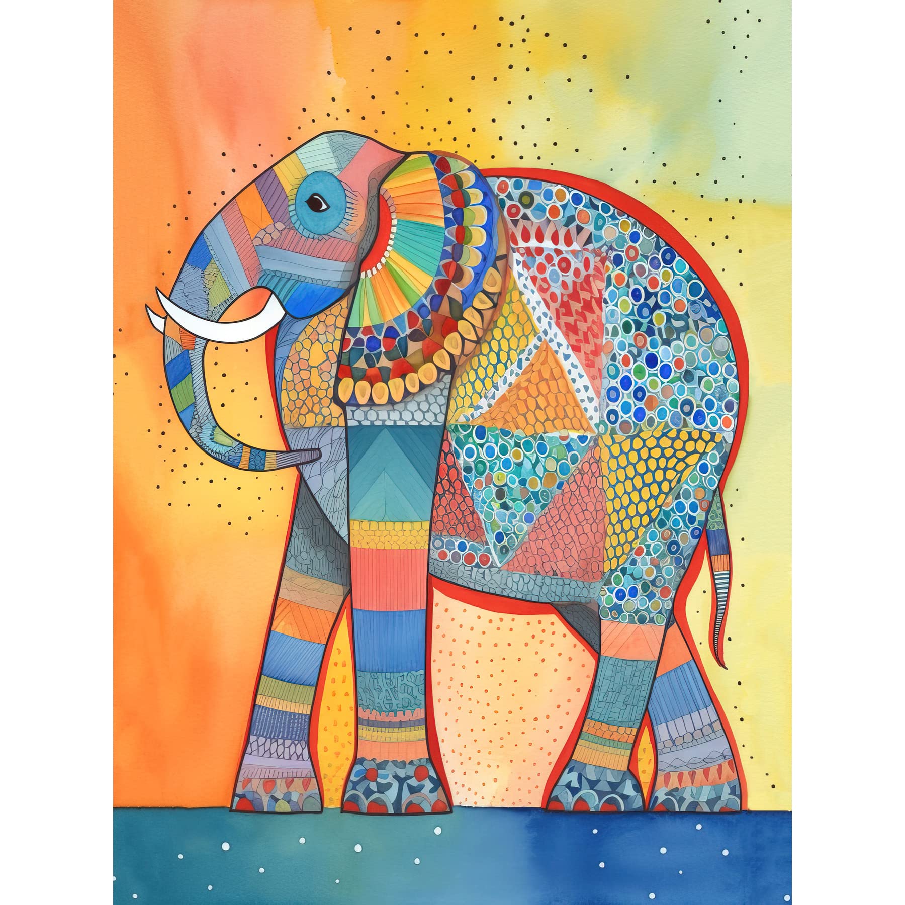 Artery8 Elephant With Geometric Patterns Folk Art Watercolour Painting Large Wall Art Poster Print Thick Paper 18X24 Inch