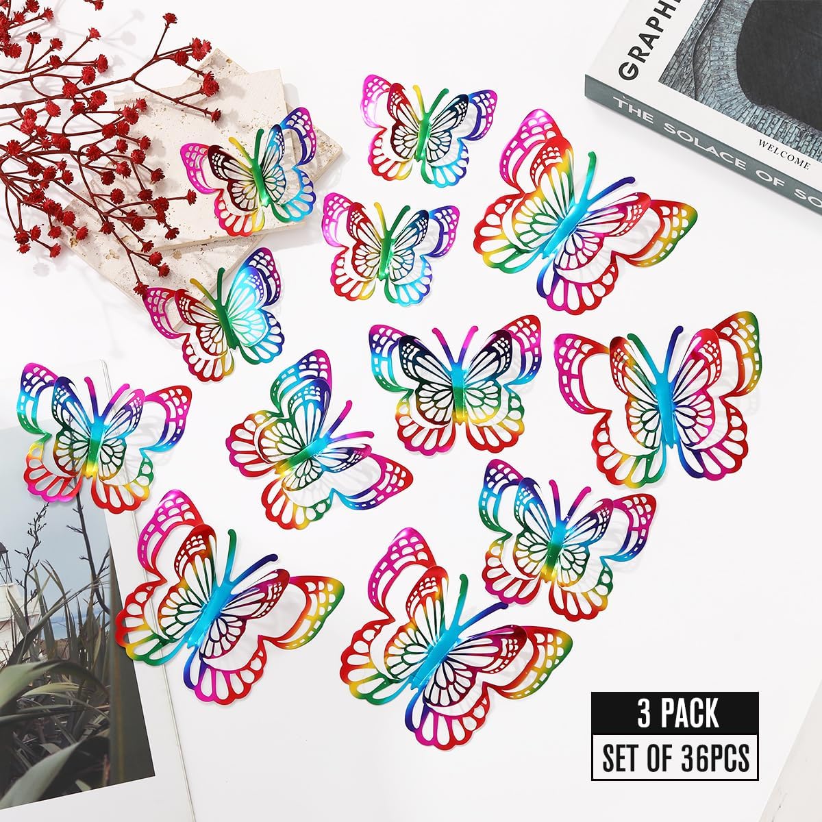 36PCS Butterfly Wall Decals - 3D Butterflies Wall Stickers Removable Mural Decor Wall Stickers Decals Home Decor Room Bedroom Decor Living Room Decor (Rainbow)