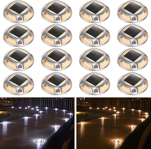 AGPTEK Paquete de 16 luces solares para entrada al aire libre, 2 modos de color, muelle de cubierta LED, impermeable, luces marcadoras para paso,