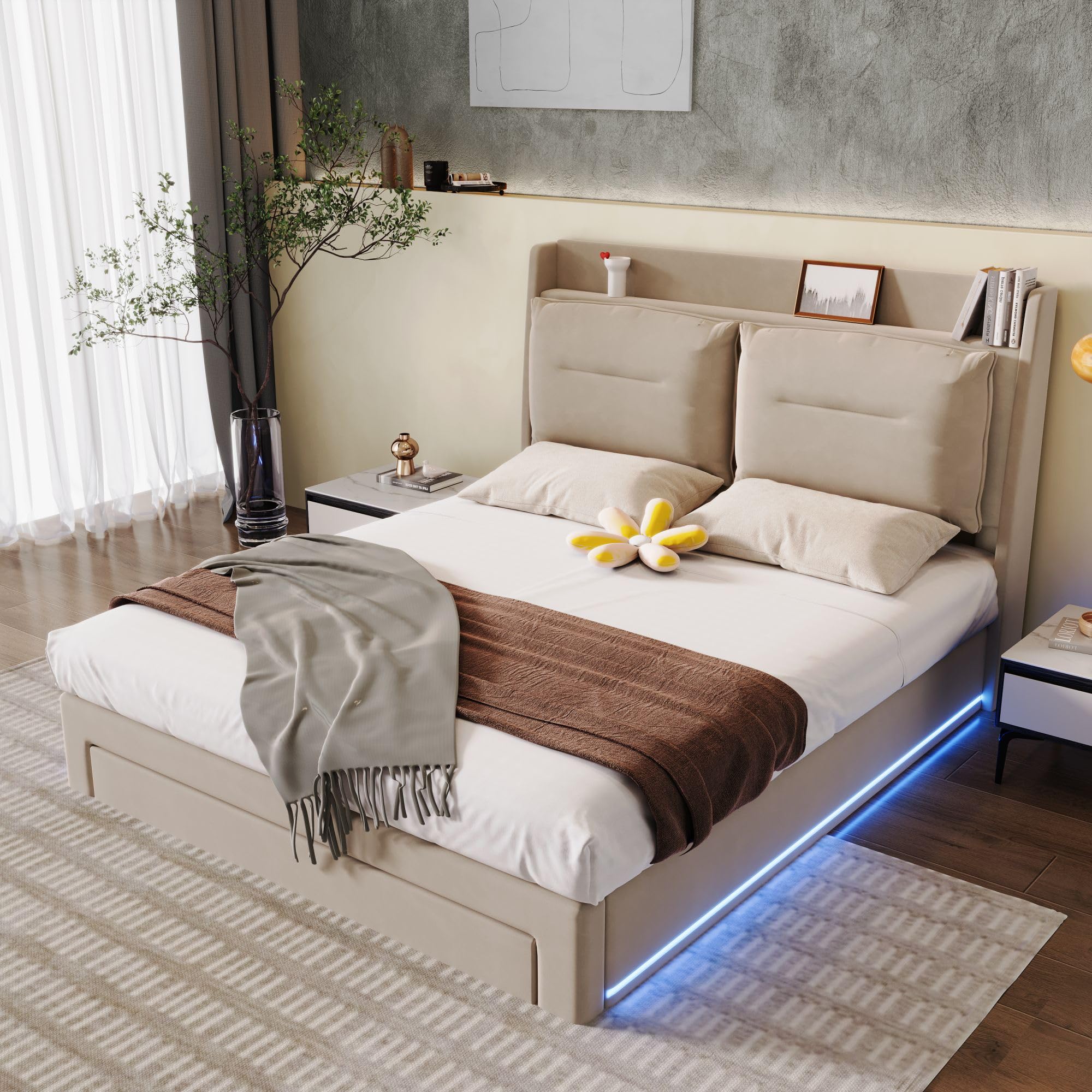 Letto 180x200 con LED e cassetti, letto imbottito 180 x 200 cm, con vano portaoggetti e testiera, letto matrimoniale con rete a doghe, letto giovanile idraulico in velluto, beige, senza materasso