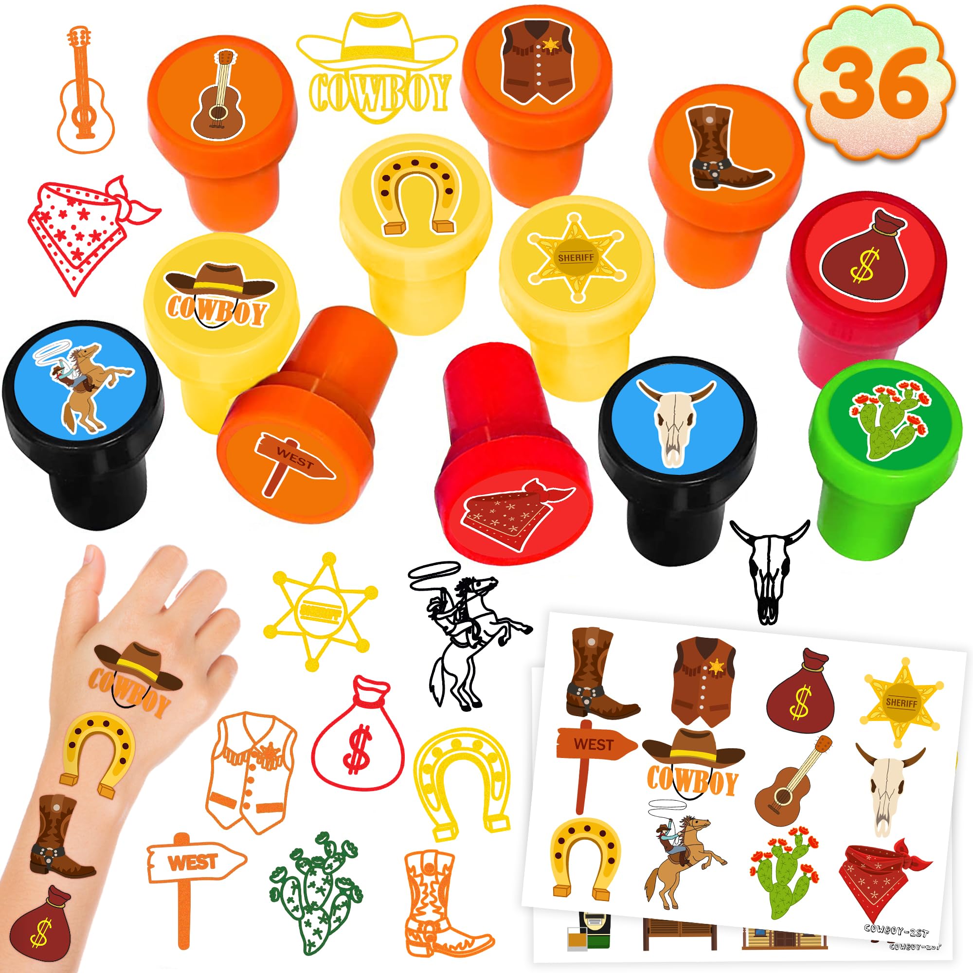 36PCS Cowboy Party Favors - 24PCS Temporary Tattoos & 12PCS Stamps - Ideal Western Wild West Themed Birthday Card Decorations Supplies Goodie Bag Cute