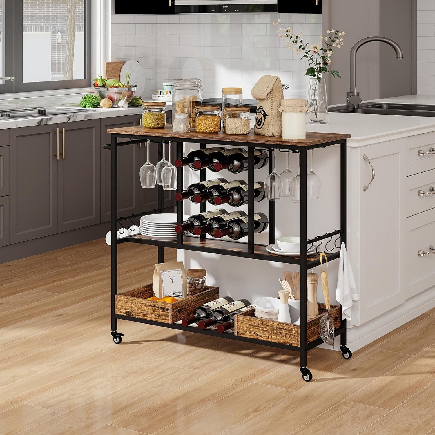 GIANTEX Carro de Servicio Industrial de 3 Niveles, Carrito de Cocina con Portavasos, Soporte para Botellas, 2 Bandejas Inferiores, Ruedas Universales con Cerradura para Comedor (Marrón)