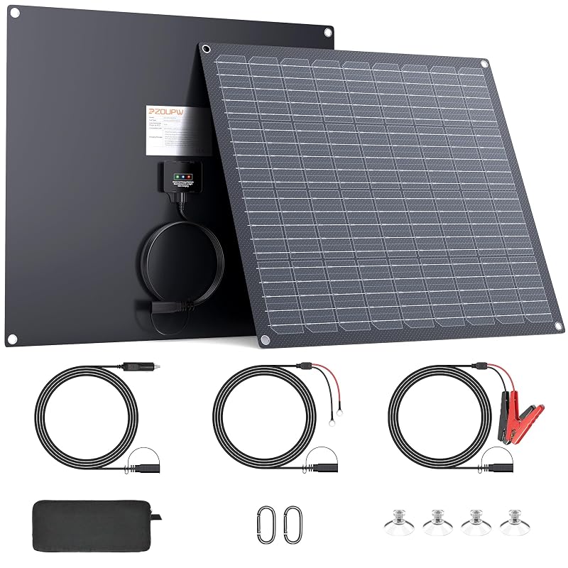 Carregador Solar de Bateria ZOUPW 30 W 12 V com Manutenção de Carga, Painel Monocristalino Flexível e Kit de Cabos