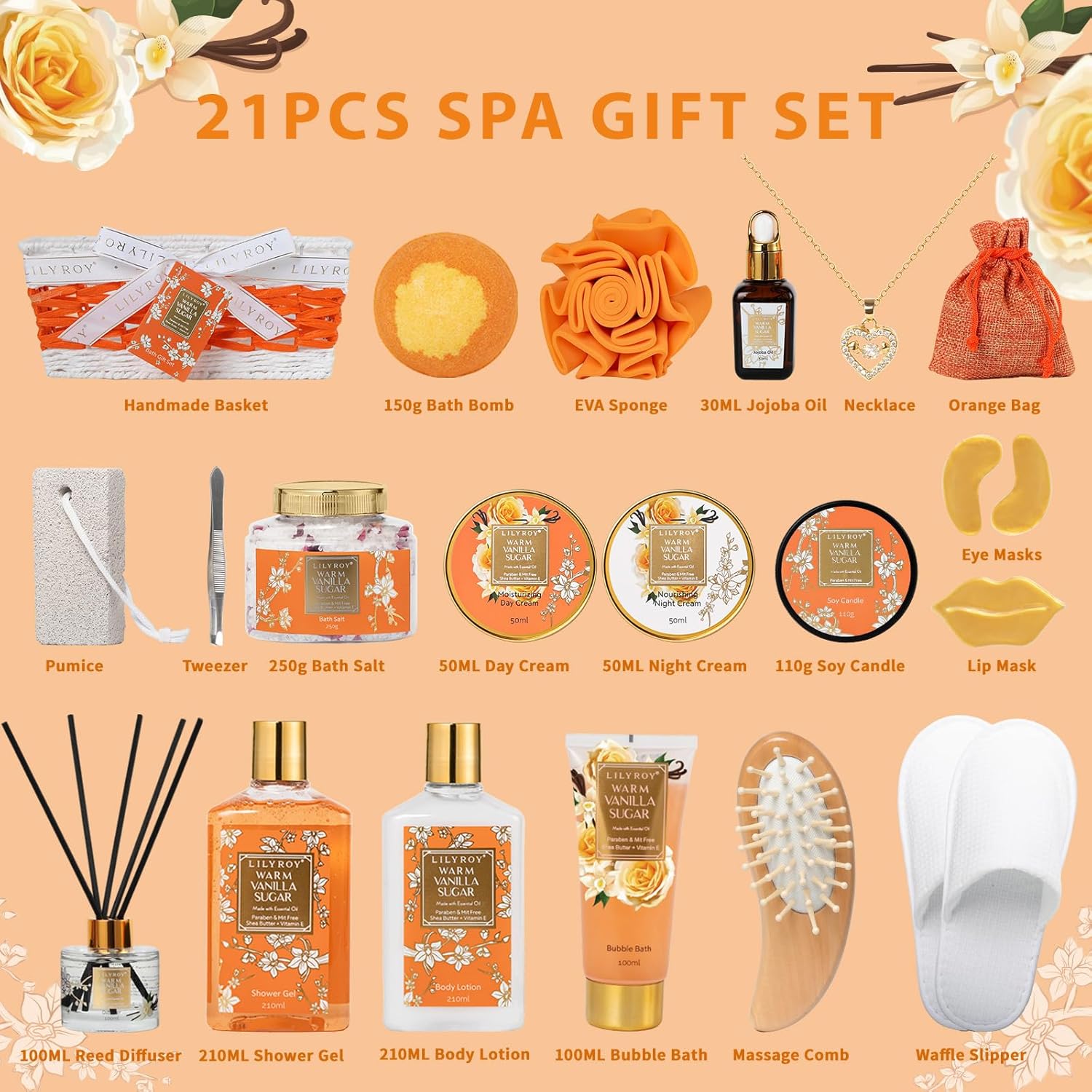 Valentines Day Gifts for Women - 21-Piece Luxurious Vanilla Sugar Bath and Body Spa Gift Basket Set for Women Self Care Kit with Necklace, Bath Bomb | Christmas, Mothers Day Gifts for Mom, Wife