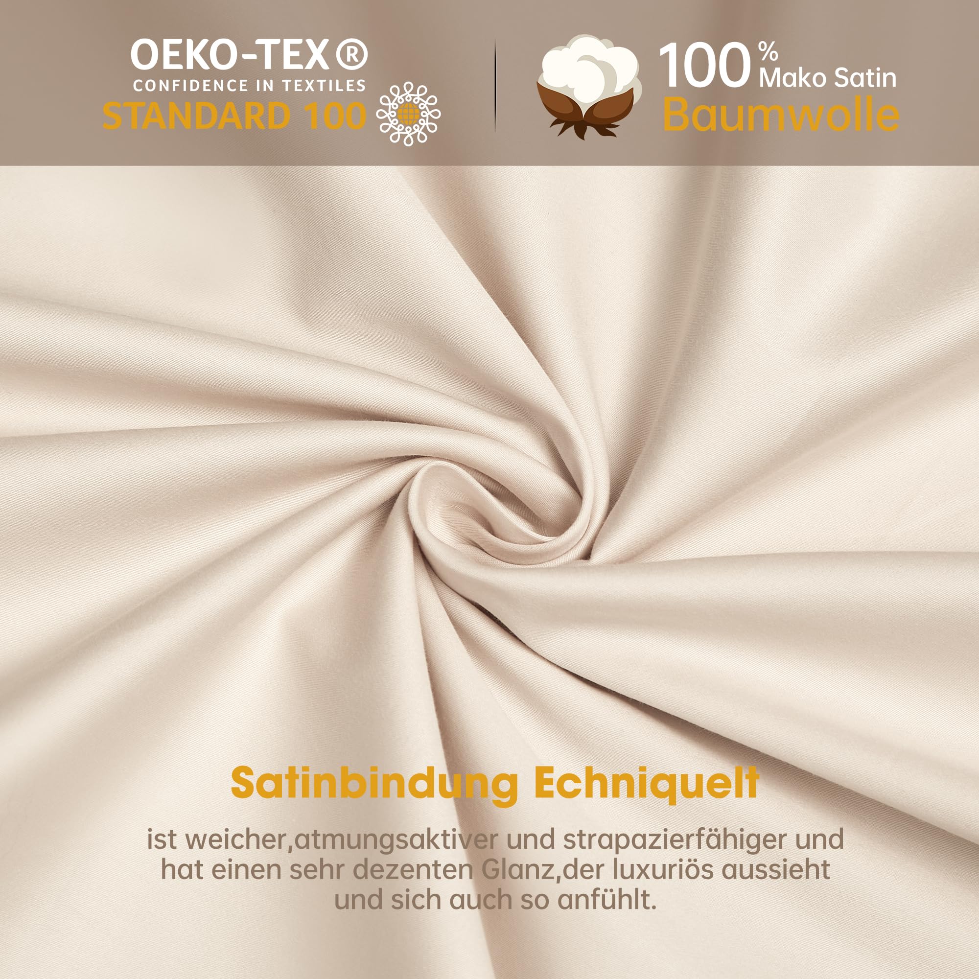 Luofanfei Kühlend Mako Satin Bettwäsche 200x200 Baumwolle Sommer Beige Glatt Muster Atmungsaktiv Bettwäscheset Weich und Bügelfrei Uni Bettbezug und 2 Kissenbezüge 80x80 cm