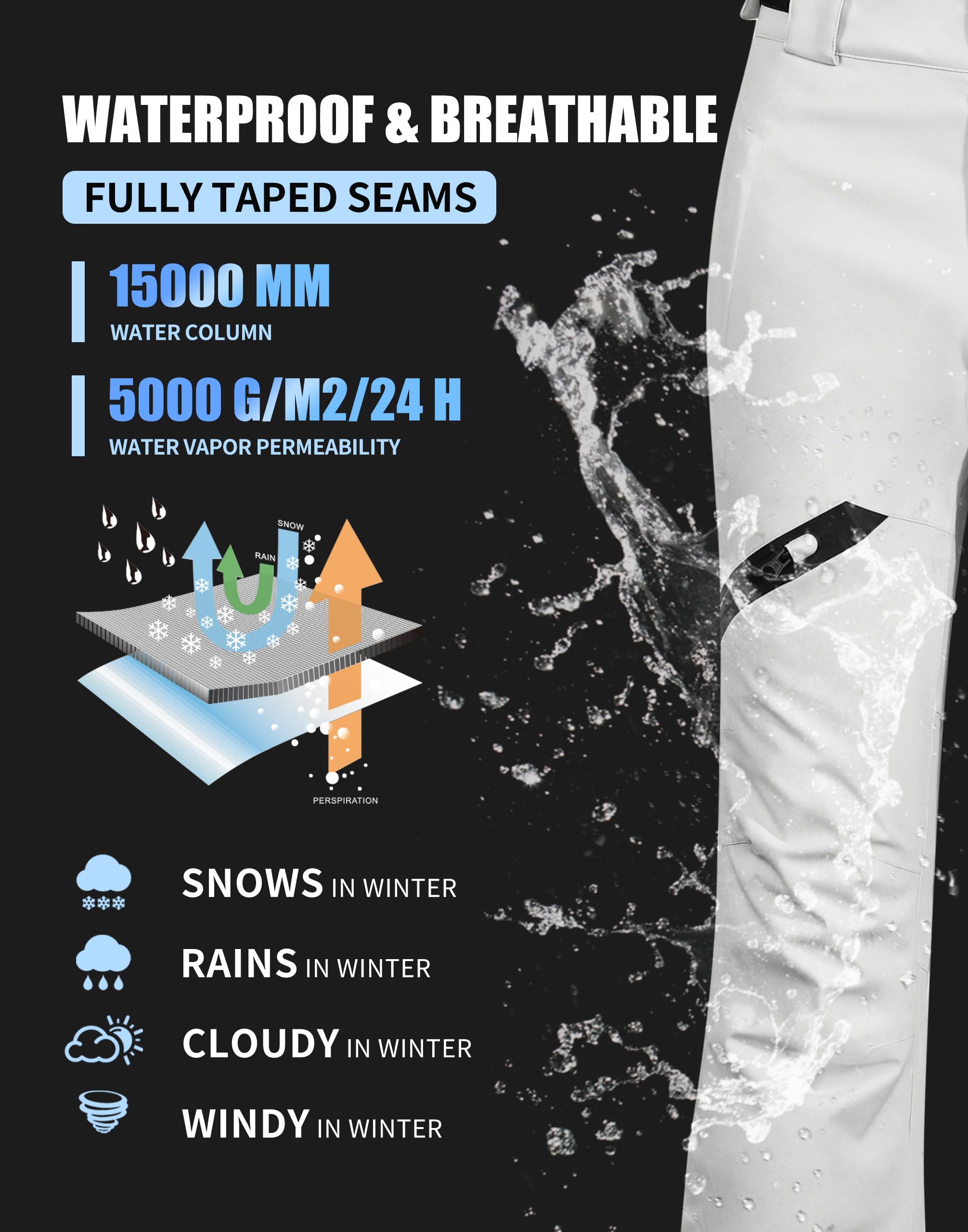 Pioneer Camp Pantaloni da Sci da Donna Cuciture Nastrate Impermeabili Ghette da Neve Integrate Ginocchio Articolato Bretelle Staccabili Regolabili Pantaloni Softshell Invernali da Esterno