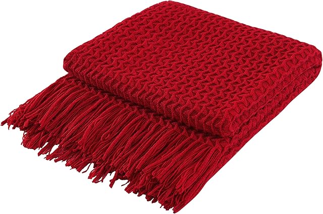 Super Soft Decorative Knit Throw Blanket for Sofa Couch Chair Bed, Lightweight Travel Blanket Nap Throw, Cashmere-like Soft and Cozy, Delicate Weave Pattern with Fring,Red,127x152cm