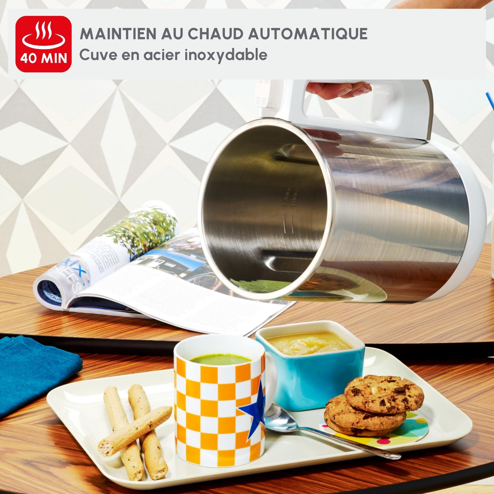 Moulinex Blender chauffant, 1000 W, Capacité 1.2 L, 5 programmes automatiques, Double paroi, Soupe, Velouté, Compote, Smoothie, Maintien au Chaud, Easy Soup silver LM841110