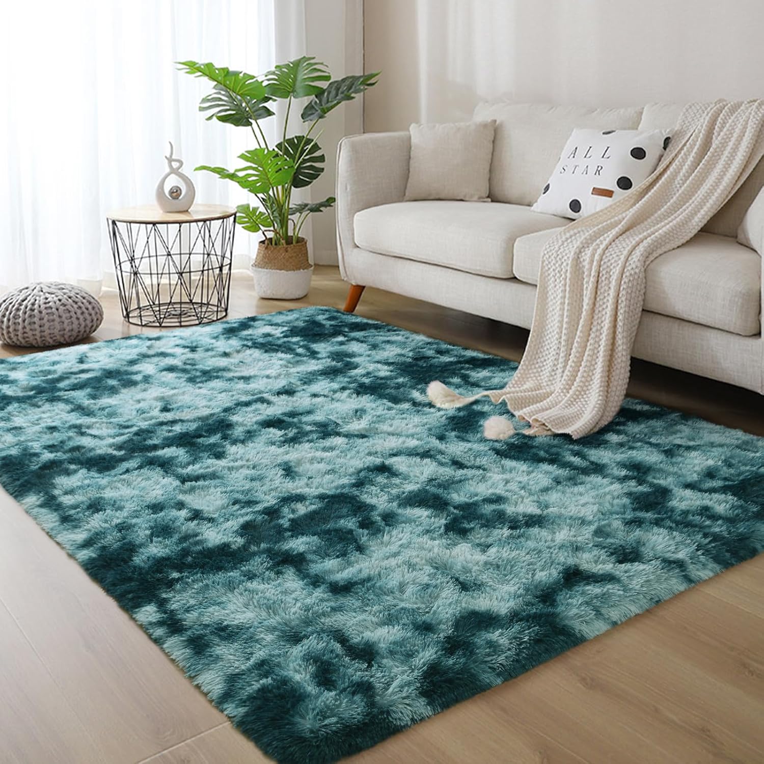 Amazon.com: Pettop Fluffy Tie-Dye Peacock Blue Rug for Bedroom Living ...
