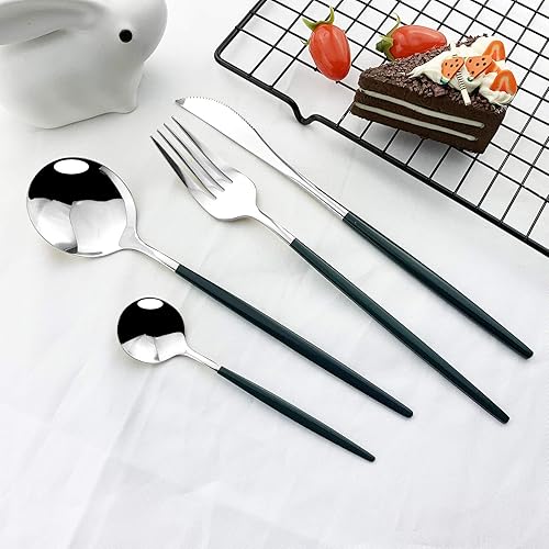Miniatura 2 de JASHII Juego de cubiertos de 24 piezas, juego de cubiertos de acero inoxidable, juego de cubiertos verdes y plateados, moderno y elegante para