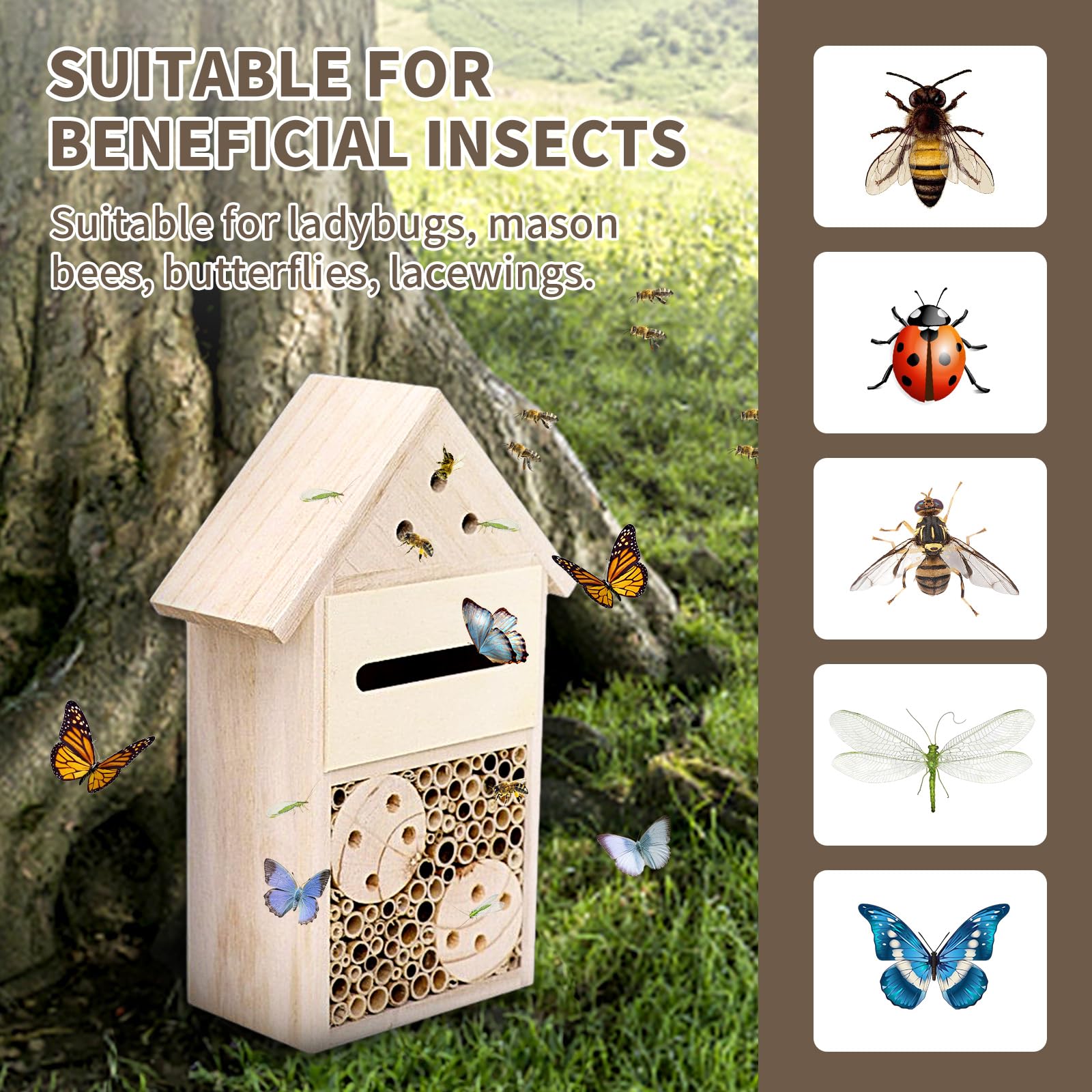 Insektenhaus aus natürlichem Holz, wetterfest, Insektenhotel für Gärten, Marienkäfer, Florfliegen, Schmetterling, Mauerbienen, Einzelgänger, Laubschneider und viele andere nützliche