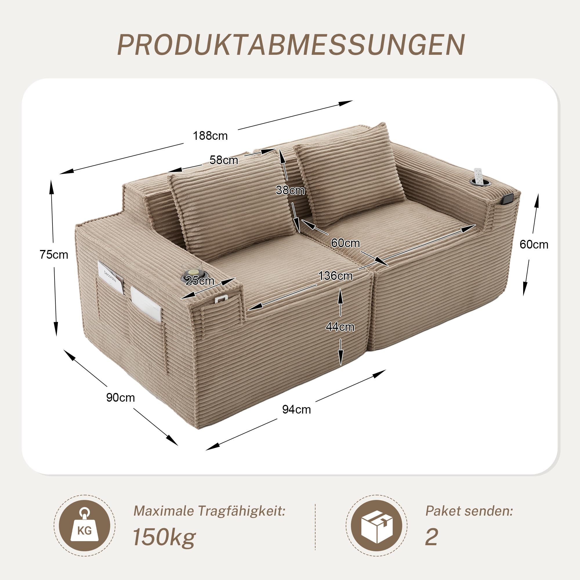 Generisch 2-osobowa sofa sztruksowa z rdzeniem sprężynowym, uchwytami na napoje i kieszeniami bocznymi