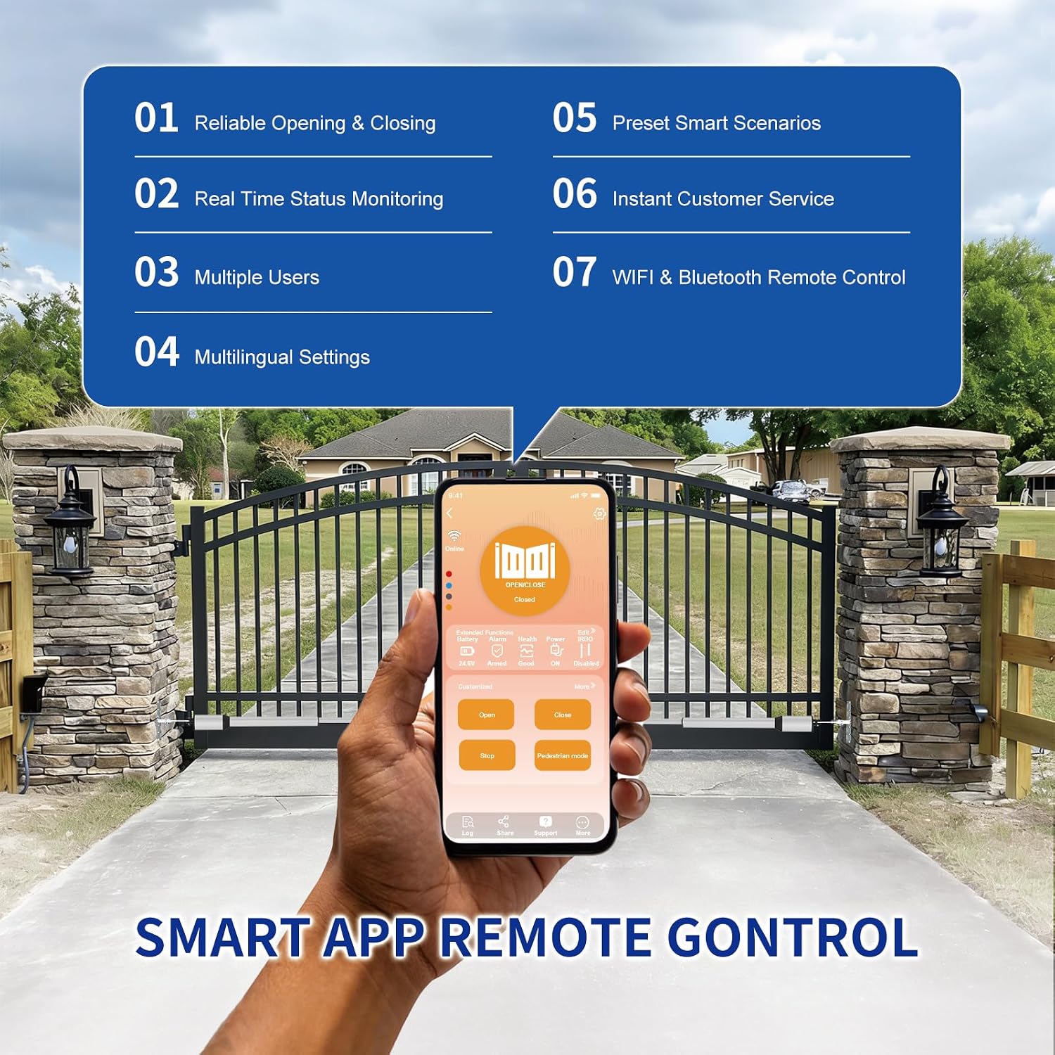 C05 Automatic Smart Gate Opener Kit with APP for Medium Duty Dual Swing Gates Up to 770lbs 16FT, 24V 60W AC Powered Motor Electric Driveway Gate Opener with 2 Long-Range Remotes Complete Kit