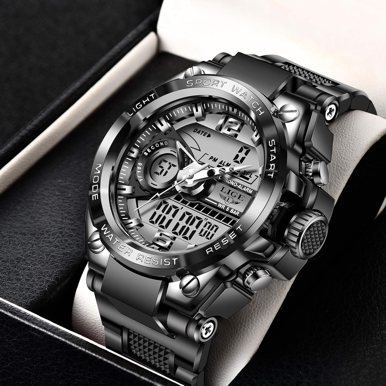 Miniatura 2 de LIGE Reloj digital deportivo para hombre esfera militar grande de 1640ft impermeable electrónico multifunción para hombres tácticas LED cronómetro