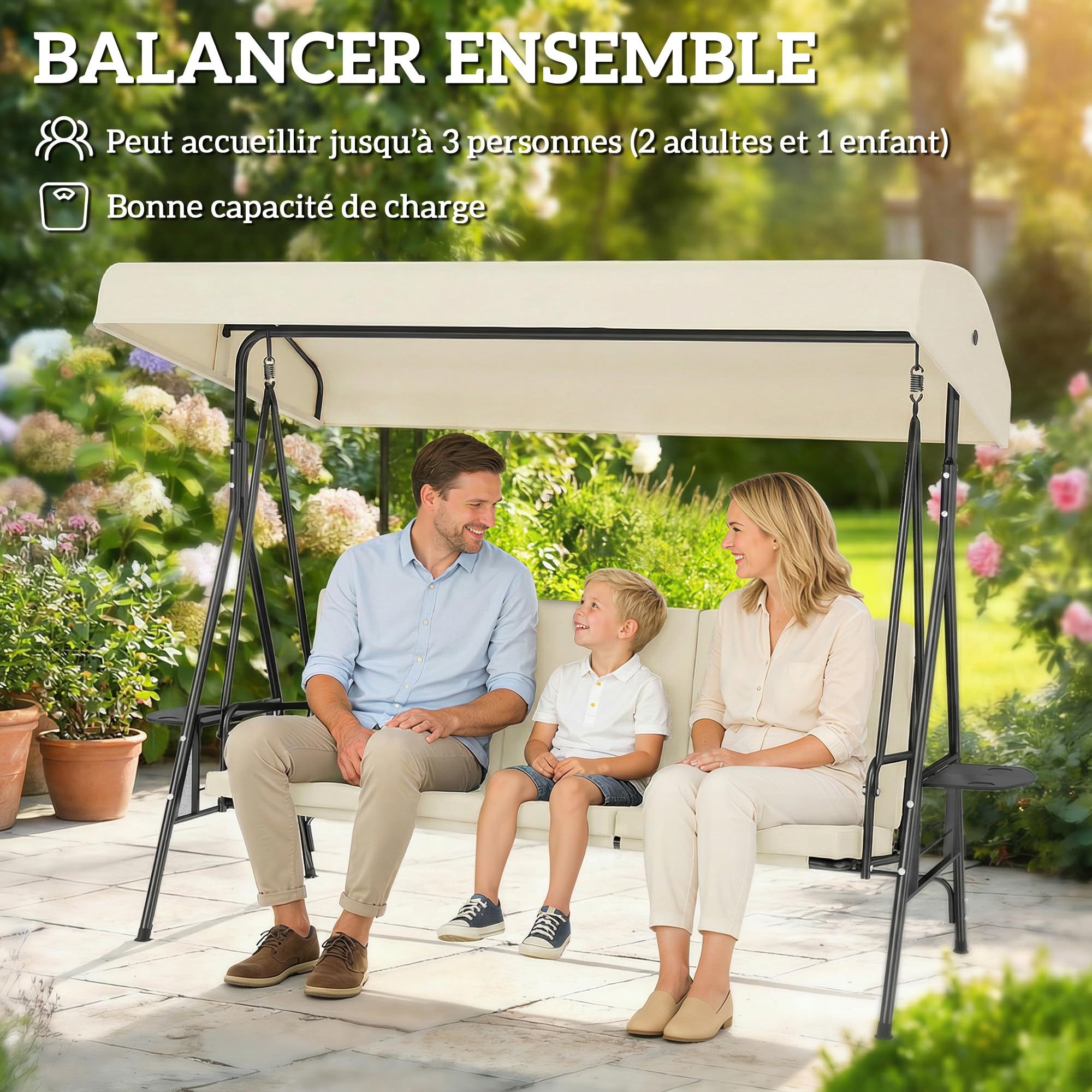 Outsunny - Balancín de jardín (3 plazas, gran comodidad, inclinación, techo ajustable, 2 estantes laterales, cojines, acero poliéster, crema