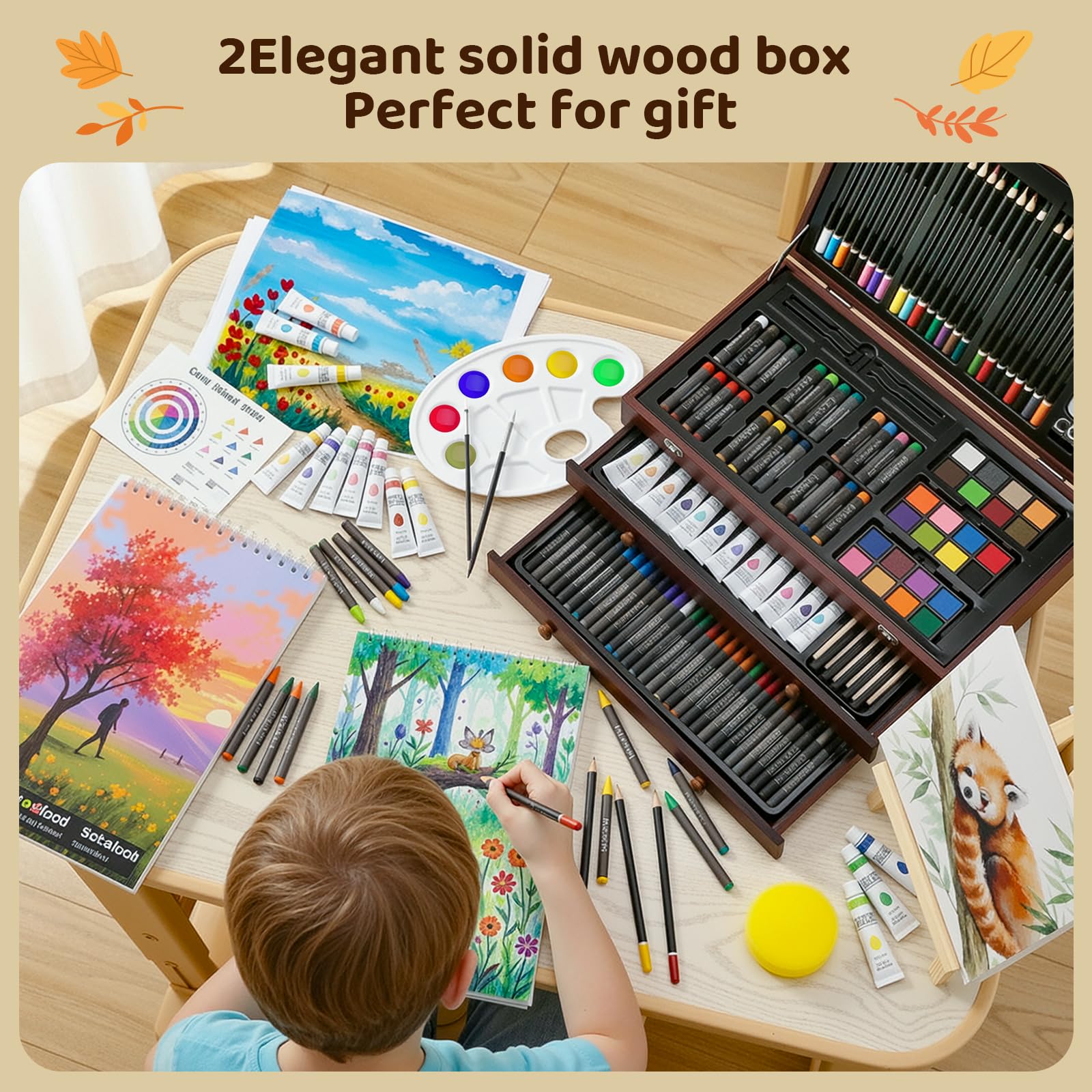 MAMIZO 202-Teiliges Premium Malset,Malkoffer mit Wachsmalstiften,Buntstiften,Ölpastellen und Acrylfarben,Staffelei und Holzkiste,Malset für Kinder & Anfänger,Ideal für zu Hause,Schule,Plein Air Malen