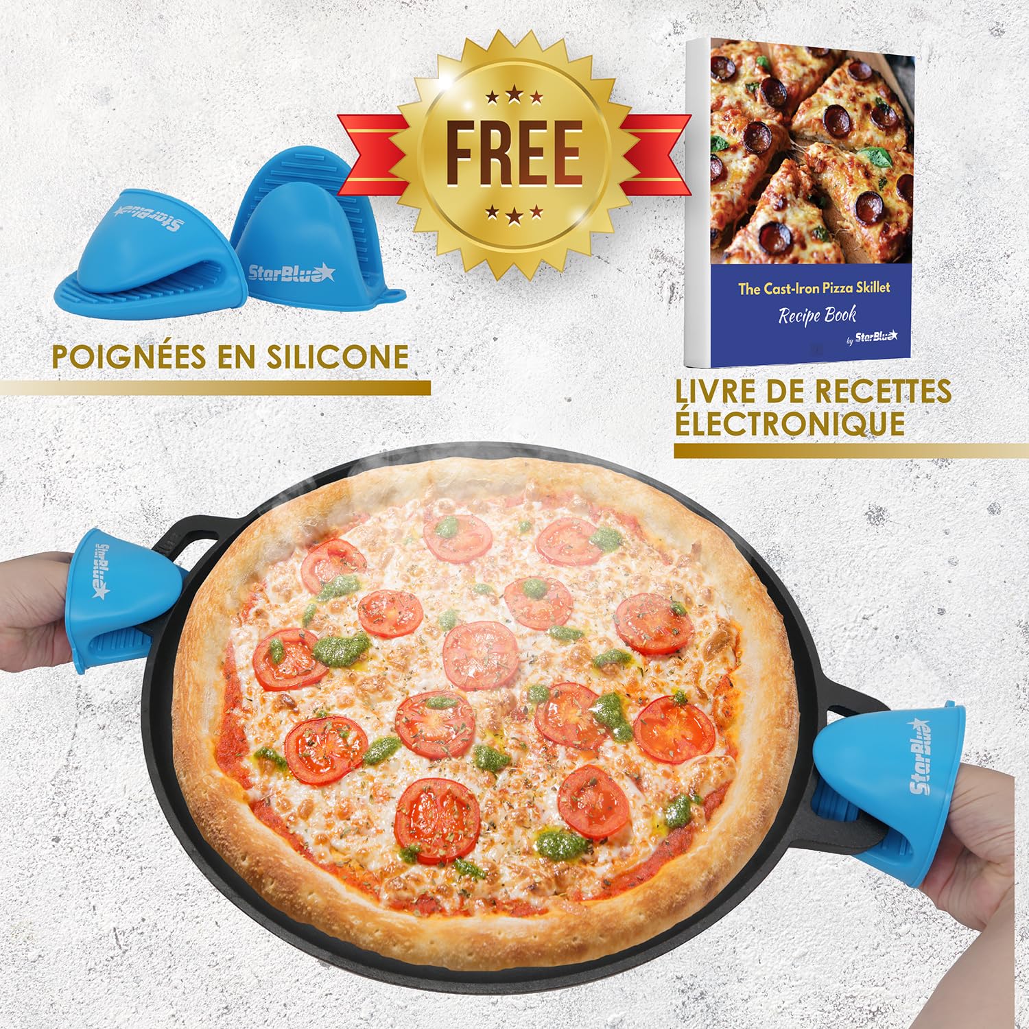 StarBlue Poêle à pizza ronde en fonte de 40,6 cm avec poignées en silicone et livre électronique de 30 recettes – Comal pré-assaisonné, essentiel de cuisine pour les amateurs de pizza, pâtisserie,