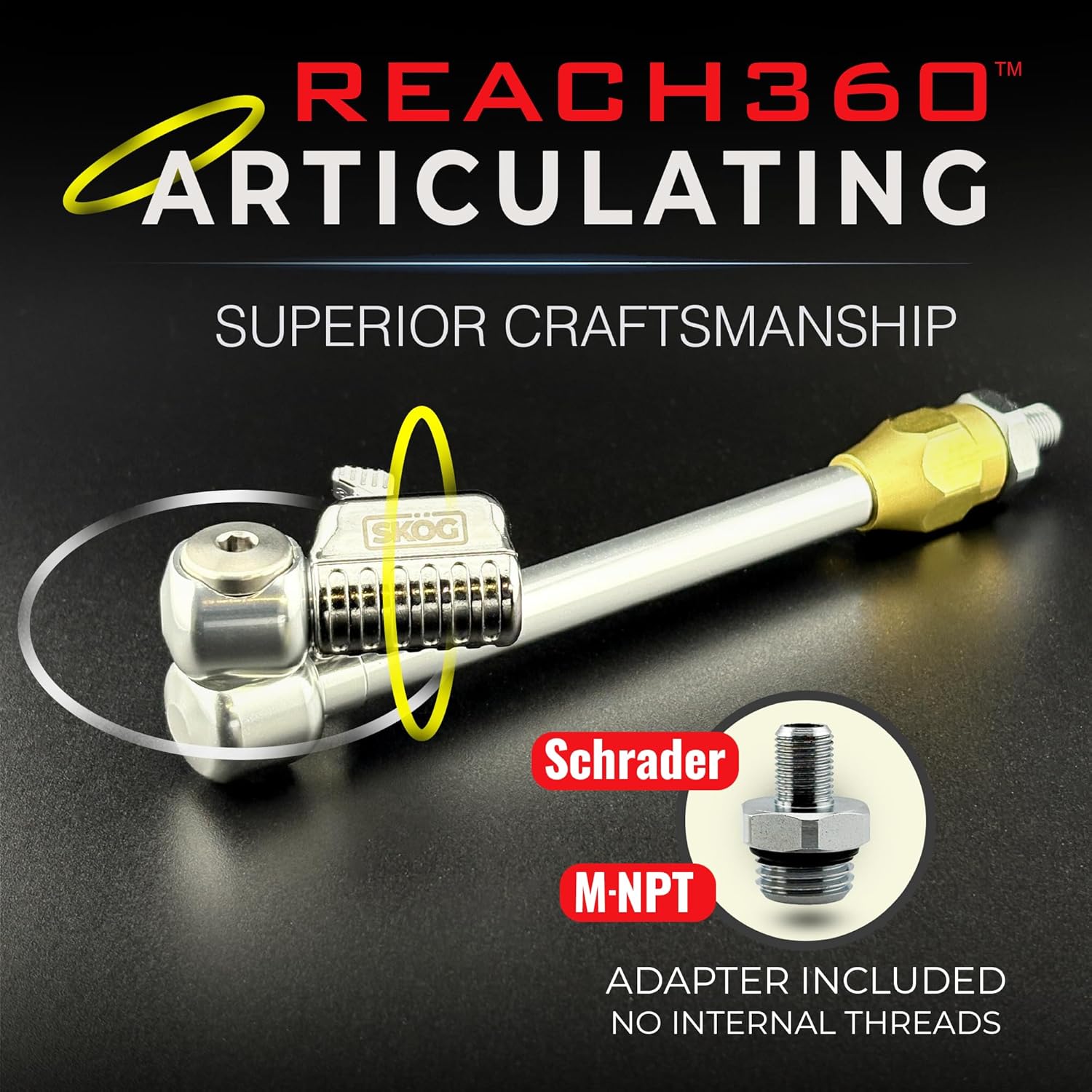 SKÖG Chuck Mates Reach360 Articulating 7-inch Extension for Tire Inflators | 1/4" F-NPT & Schrader Adapter | Dually Trucks RV Bicycle Car Semi