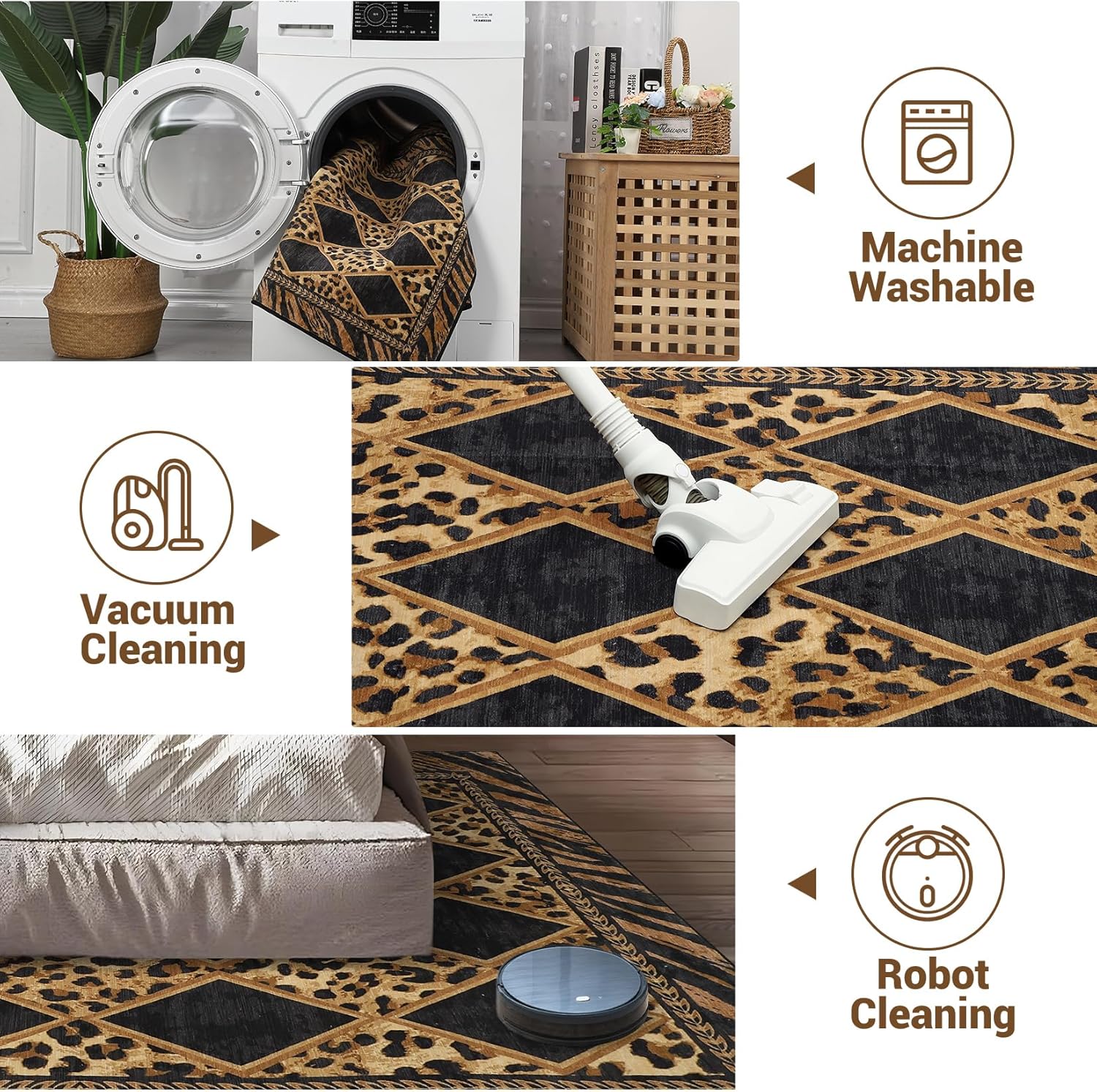Checkered Leopard Print Area Rug, Soft Low Pile Non-Slip Large Living Room Rugs Machine Washable Indoor Carpet for Bedroom Dining Room Entryway, Brown/Black, 5'x7'