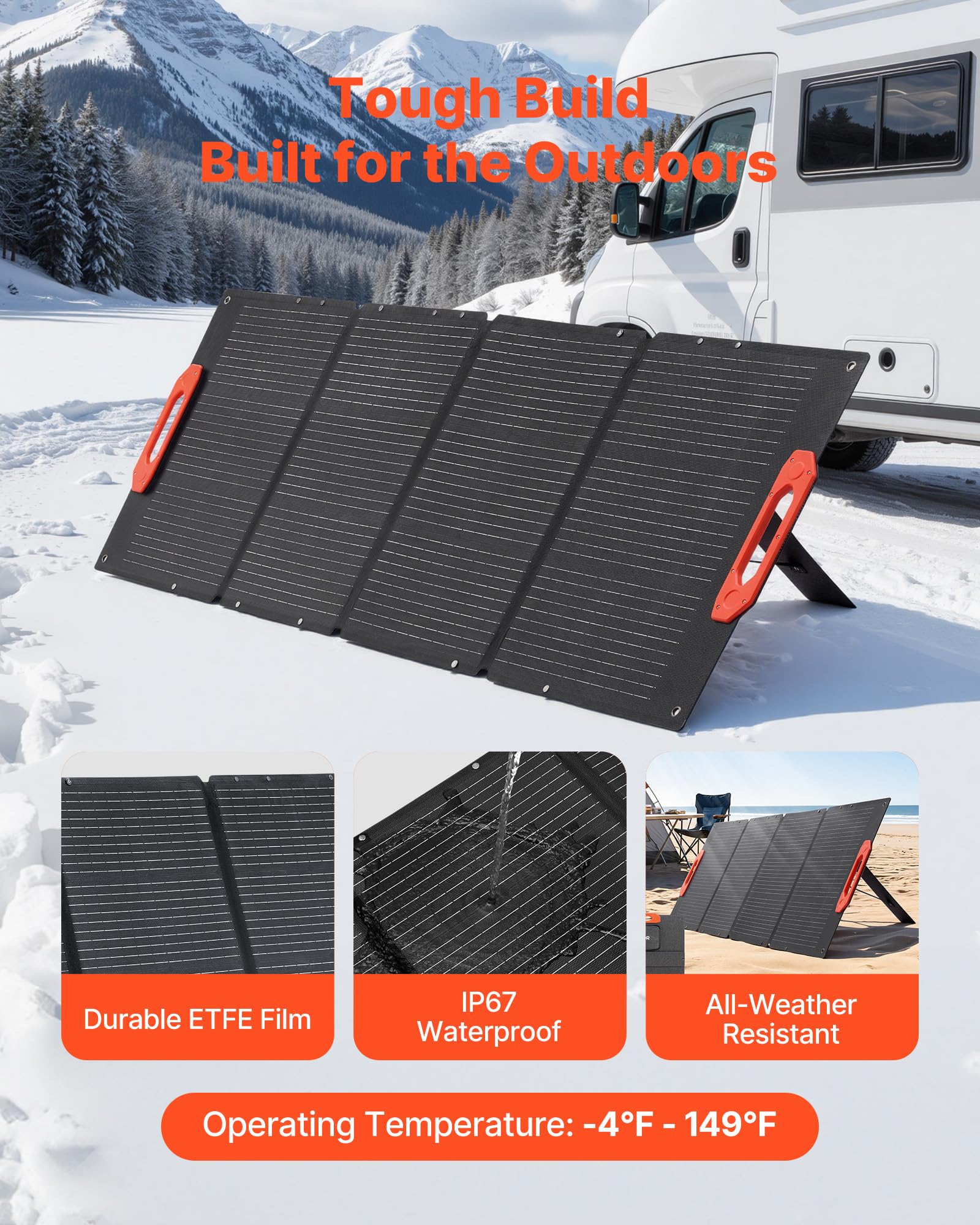 VEVOR Pannello Solare Monocristallino Pieghevole da 150 W, Pannello Solare Monocristallino ETFE Portatile con Alta Efficienza, Uscita MC4, Porte USB, IP67 Impermeabile per Centrali Elettriche