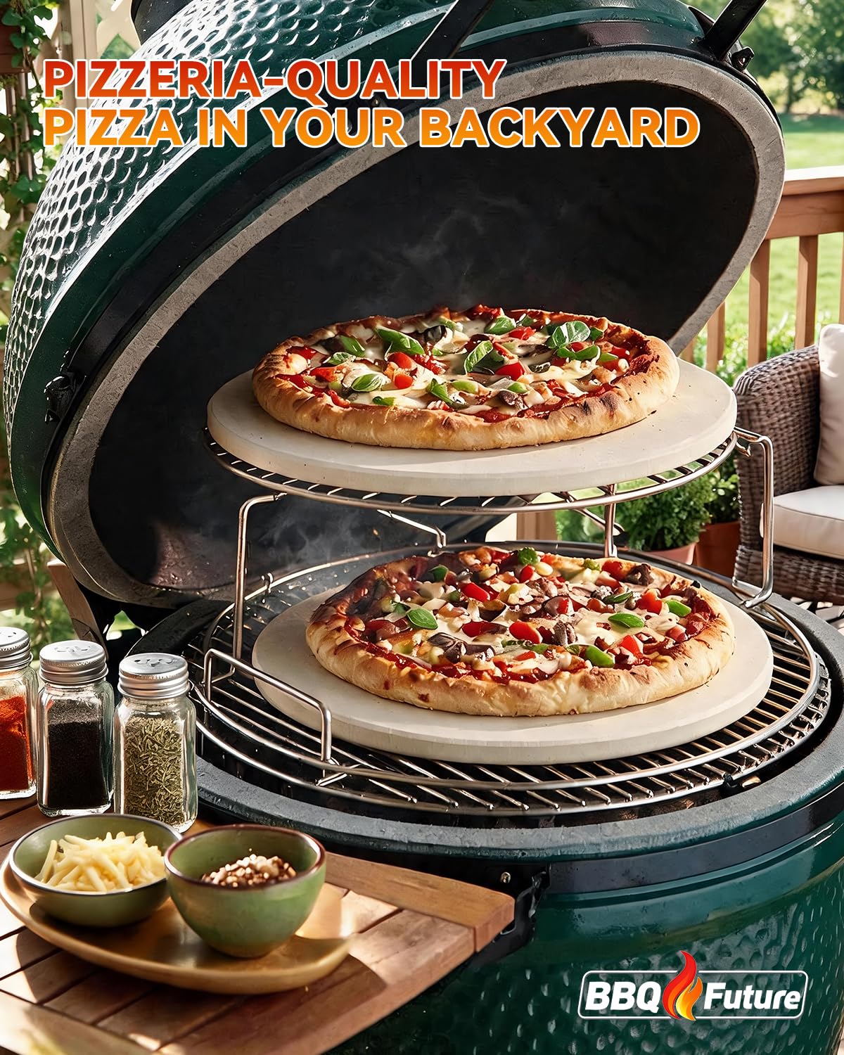 BBQ Future 30,5 cm Pizza Backstein für Big Green Egg Medium/Small/MiniMax & Kamado Grill - Keramik Pizzastein mit Edelstahldrahtrahmen & Kunststoffschaber, Hitzeschild für Outdoor Kochen
