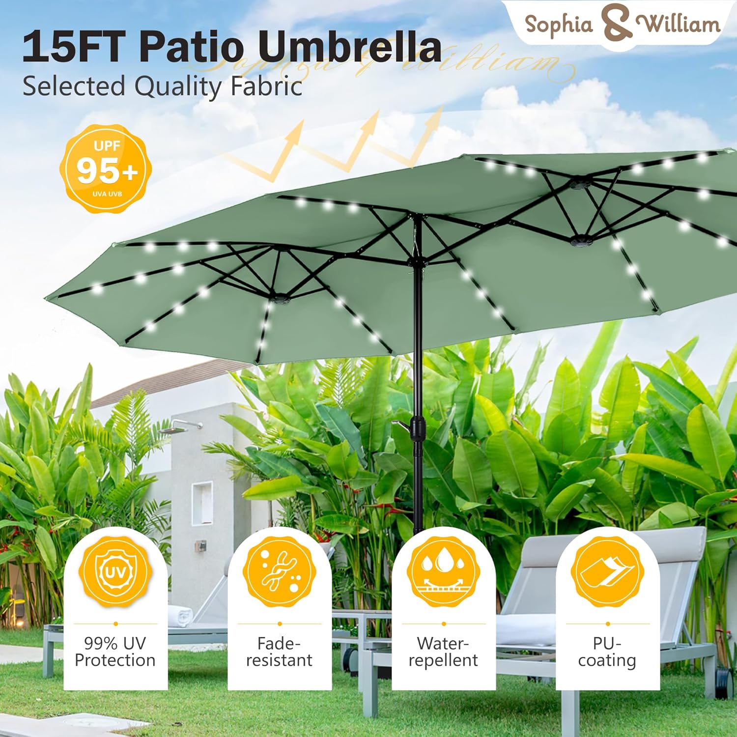 Sophia & William 15 ft Extra Large Patio Umbrella with Solar Lights, Rectangular Outdoor Umbrella with Base Included, Market Umbrella Double-sided Heavy Duty for Pool Garden Backyard, Mint