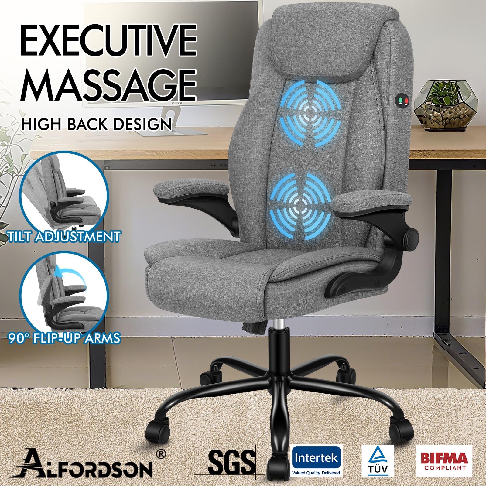 ALFORDSON Ergonomiczne krzesło biurowe z masażem, krzesło biurowe wykonawcze z wysokim oparciem, składane podłokietniki, funkcja przechylenia, do recepcji, domu, komputera, gabinetu, tkaniny lnianej