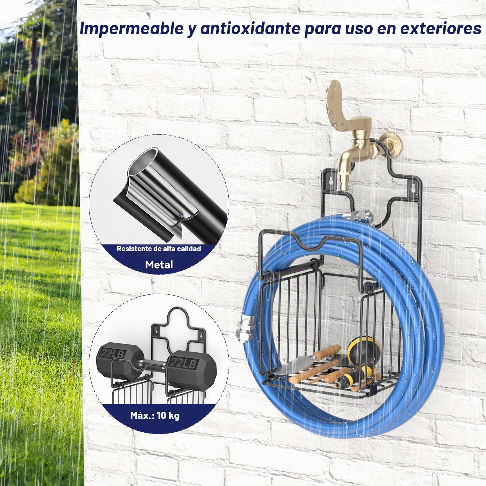 Soporte Manguera Jardin - Soporte Manguera Pared con Cesta de Almacenamiento - Metal de Gran Resistencia Portamangueras Pared, Robusto Duradero Colgador Manguera Recoge para Garaje Patio Garaje Césped