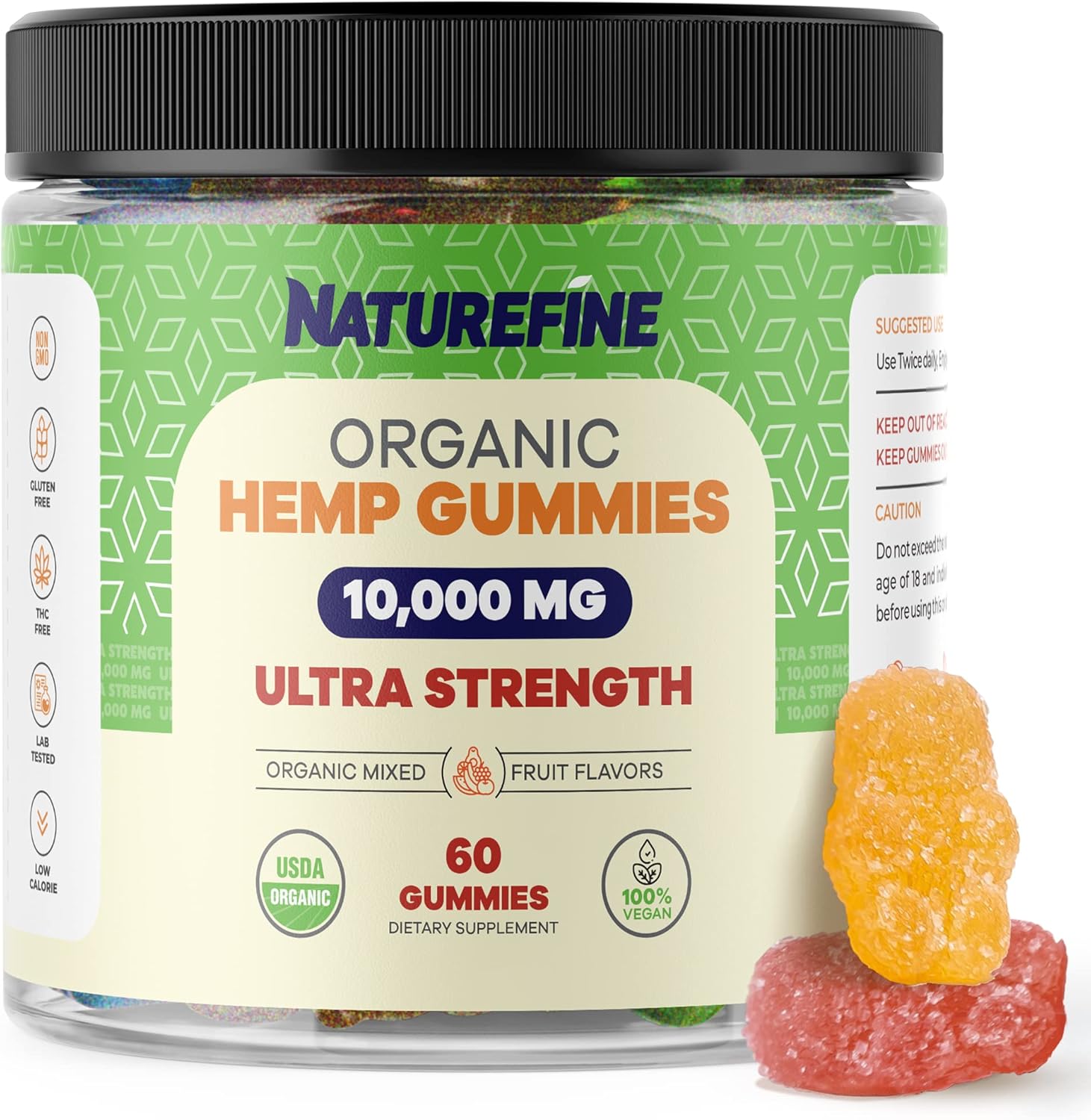 Organic Hemp Gummies XLarge Ultra Strength 10,000mg Low Carb, Low Calorie, Vegan