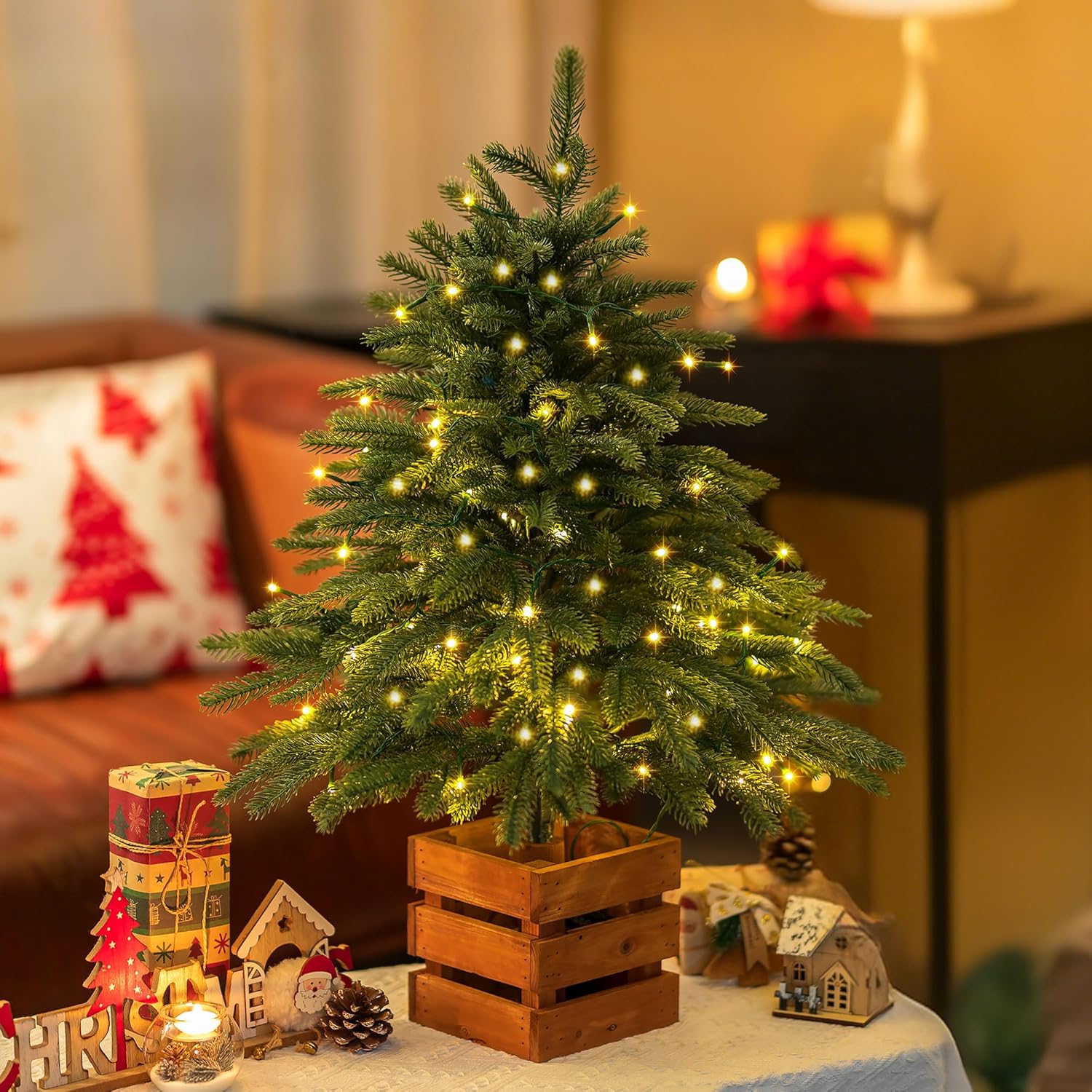 BLOSMON Christmas Norfolk Pine Tree: 2.6ft Small Table Top Christmas Tree with Lights - Remote Control 70 LEDs Timer 8 Lighting Modes Wooden Pot - Mini Artificial Xmas Trees Desk Home Decor 2ft 6in