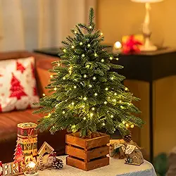 BLOSMON Pinheiro Norfolk de Natal: árvore de Natal pequena de 80 cm com luzes - Controle remoto 70 LEDs, temporizador de 8 modos de iluminação, vaso de madeira - Mini árvores artificiais de Natal