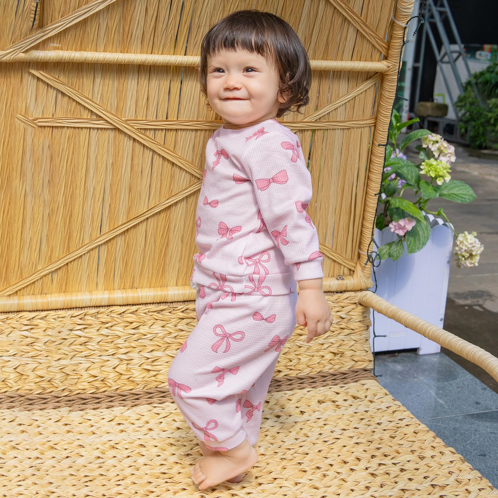 NZNDSHD Fall Baby Girl Clothes Ruffle Long Sleeve Bow Print Sweatshirt Top Pants Set 2Pcs Waffle Knit Outfit (A Pink, 6-12 Months)