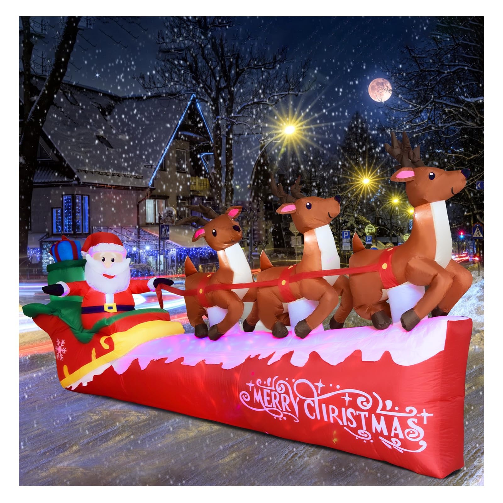 Babbo Natale gonfiabile su slitta con 3 renne, con illuminazione a LED integrata, decorazione natalizia per il giardino