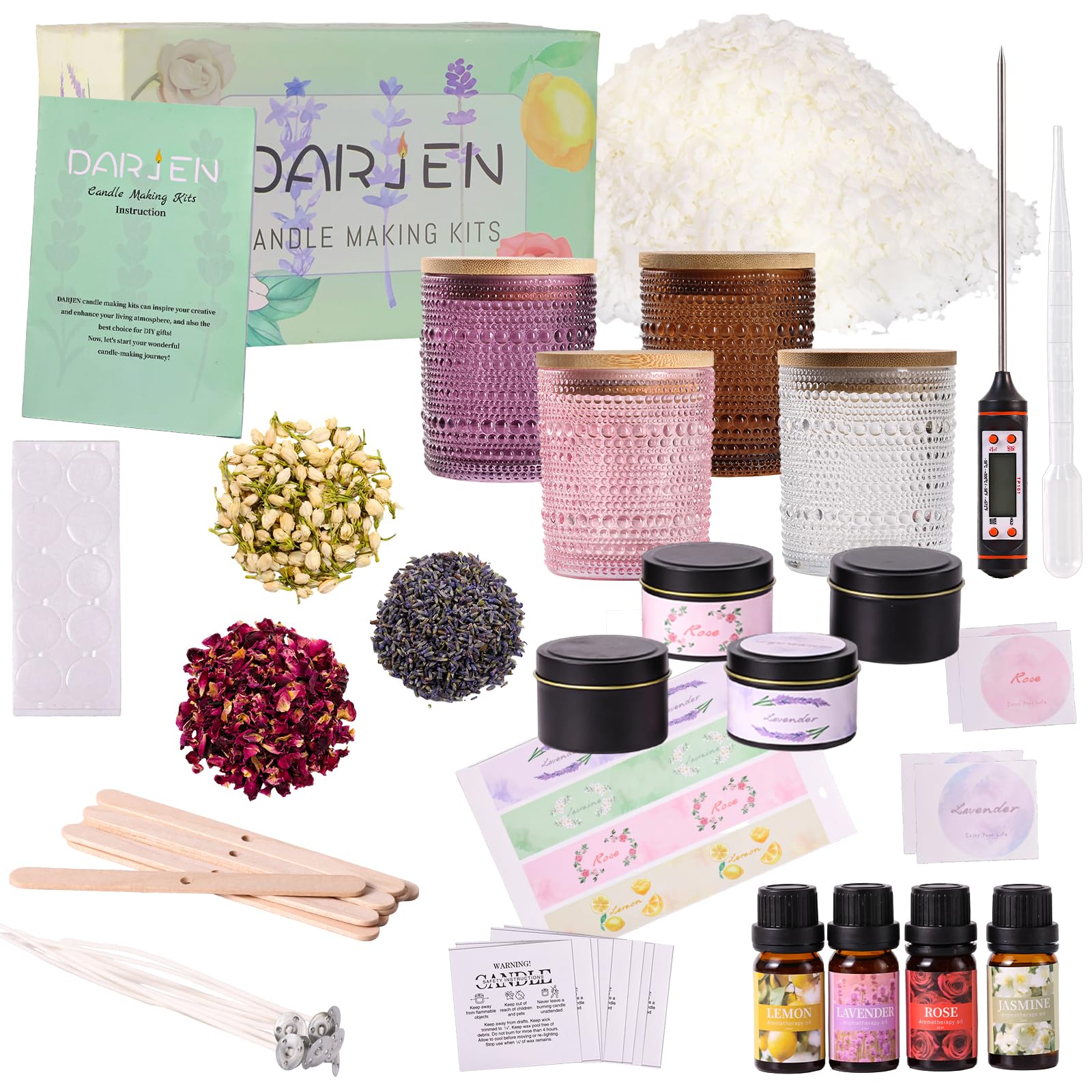 DARJEN Kerzenherstellungs-Sets für Erwachsene - Kerzenherstellungszubehör mit 4 Kerzengläsern (transparent, rosa, lila, bernsteinfarben), Kerzendosen, Sojawachs, Düfte, getrocknete Blumen und mehr