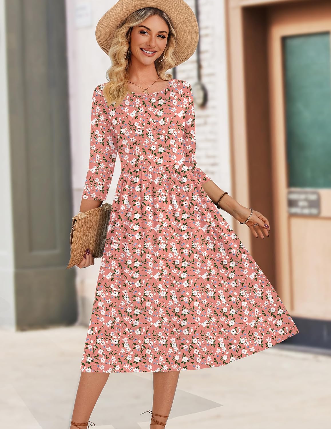 Zeagoo 3/4 Sleeve Women's Dress Casual Flowy A-Line Midi Tshirt Dresses with Pockets Crewneck Vocation Boho Beach Sundress - Image 3