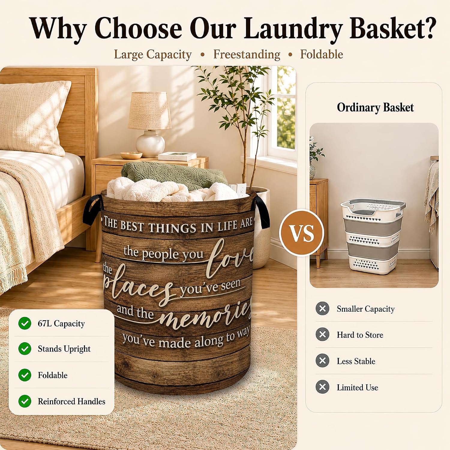 Home Best Thing Decorative Laundry Hamper, Tall Foldable Oxford Clothes Basket with Handles, Lightweight Dirty Clothes Holder for Bedroom Bathroom Laundry Room image 3
