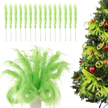 15 Pcs Lime Green Christmas Tree Topper 17 Furry Stems Curly Picks Stems Christmas Ornaments Picks for Grinch Xmas Tree Topper Home Vase Fillers Decorations