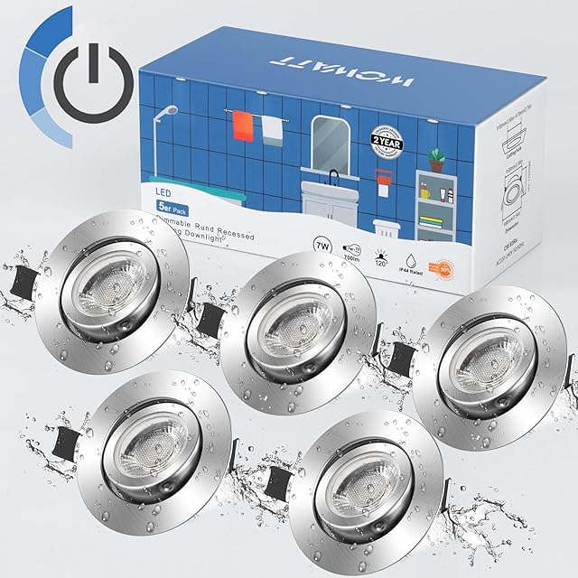 wowatt Dimmable LED Recessed Ceiling Lights 5X 3 Brightness Level IP44 Spotlights Downlights 7W Cool White 6000K Round Nickel 30°Rotatable 700LM 83Ra for Bathroom Living Bedroom Kitchen Pack of 5