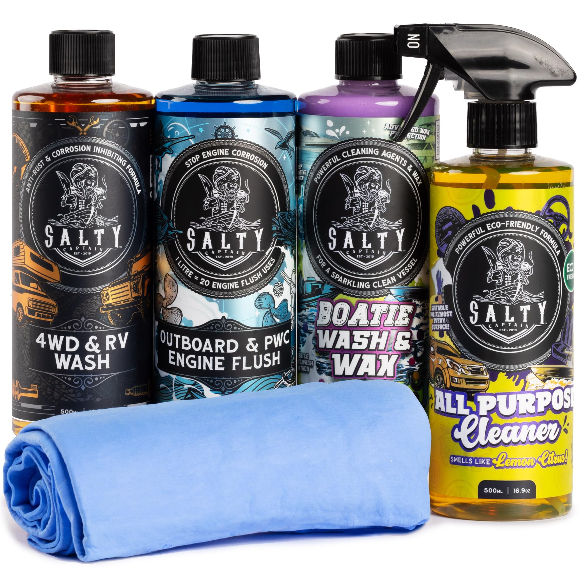Salty Captain Boatie Bundle Cleaner - All-In-One Boat Cleaning Kit for All Surfaces & Marine Engine Flush with Anti Rust & Corrosion Inhibitors | Remove Salt, Grime Wash & Wax with Boat Accessories