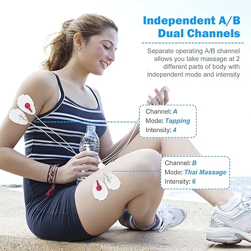 Miniatura 4 de EasyHome Unidad TENS recargable + estimulador muscular EMS, 2 canales independientes, 20 niveles de intensidad, 8 tipos de masaje+16 modos,